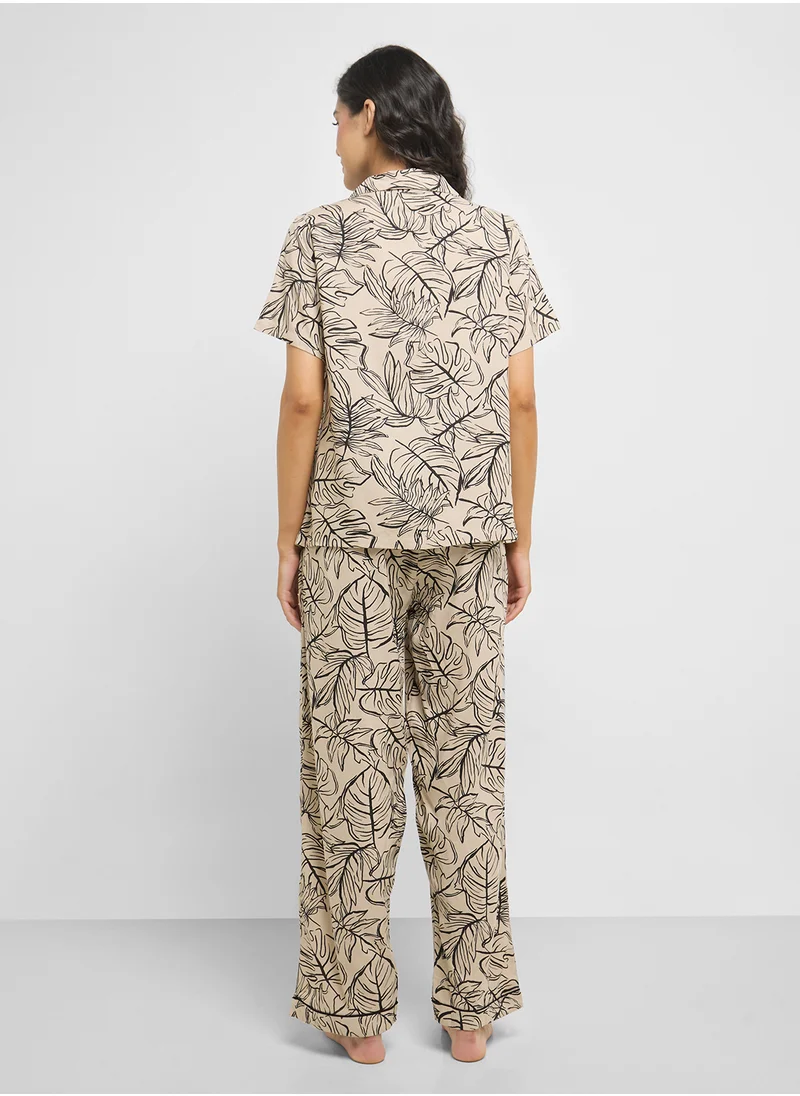 جينجر Monochrome Printed Shirt & Pyjama  Set