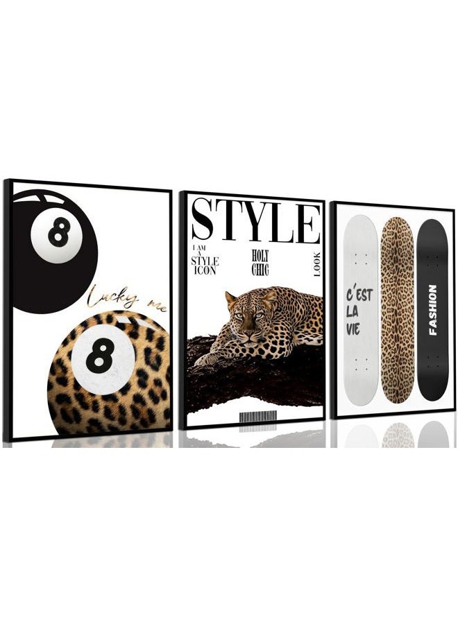 Khioea 3Pcs Trendy Leopard Wall Art Preppy Aesthetic Stylish Leopard Painting Picture Wall Decor Funky Lucky 8 Ballt Cheetah Poster Print Artwork for Bedroom Living Room Bathroom Home Decoration Unframed - Image 1