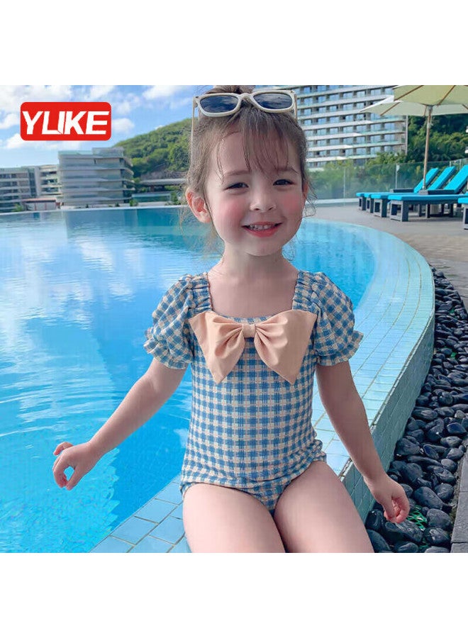 Yuke Girls' Swimsuit, Baby One-piece Cute Plaid Swimwear, Quick-dry Hot Spring Beach Children's Swimwear, Korean Style - Image 1