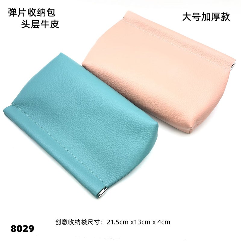 Korean Style Genuine Leather Cosmetic Bag Large Top Layer Cowhide Storage Bag Self-Closing Shrapnel Women'S Clutch Soft Leather Square Bag - Image 2