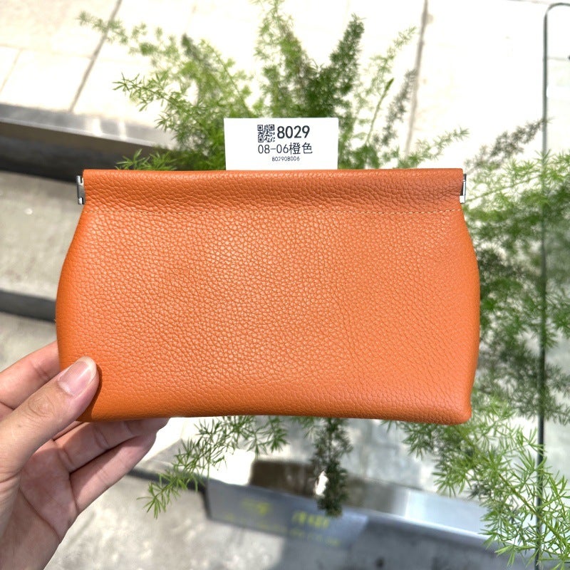 Korean Style Genuine Leather Cosmetic Bag Large Top Layer Cowhide Storage Bag Self-Closing Shrapnel Women'S Clutch Soft Leather Square Bag - Image 1