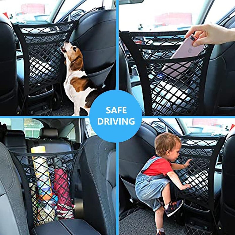 ORiTi 3-Layer Universal Car Seat Storage Stretchable Mesh Organizer, Mesh Cargo Net Hook Pouch Holder for Purse Bag Phone Children Kids Pets Disturb Stopper Black. - Image 3