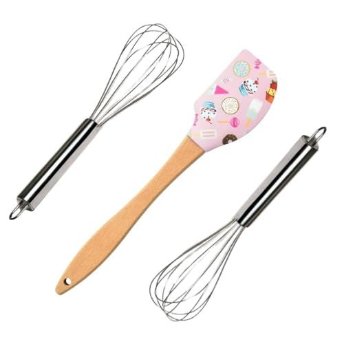 TLISMI Multipurpose Silicone Spatula & Egg Whisks Steel Whisker| Non-Stick Heat Resistant Spatula and Whisker| Milk Coffee Egg Cake Beater| Kitchen Utensils for Cooking, Baking and Mixing (Set of 3) - Image 1