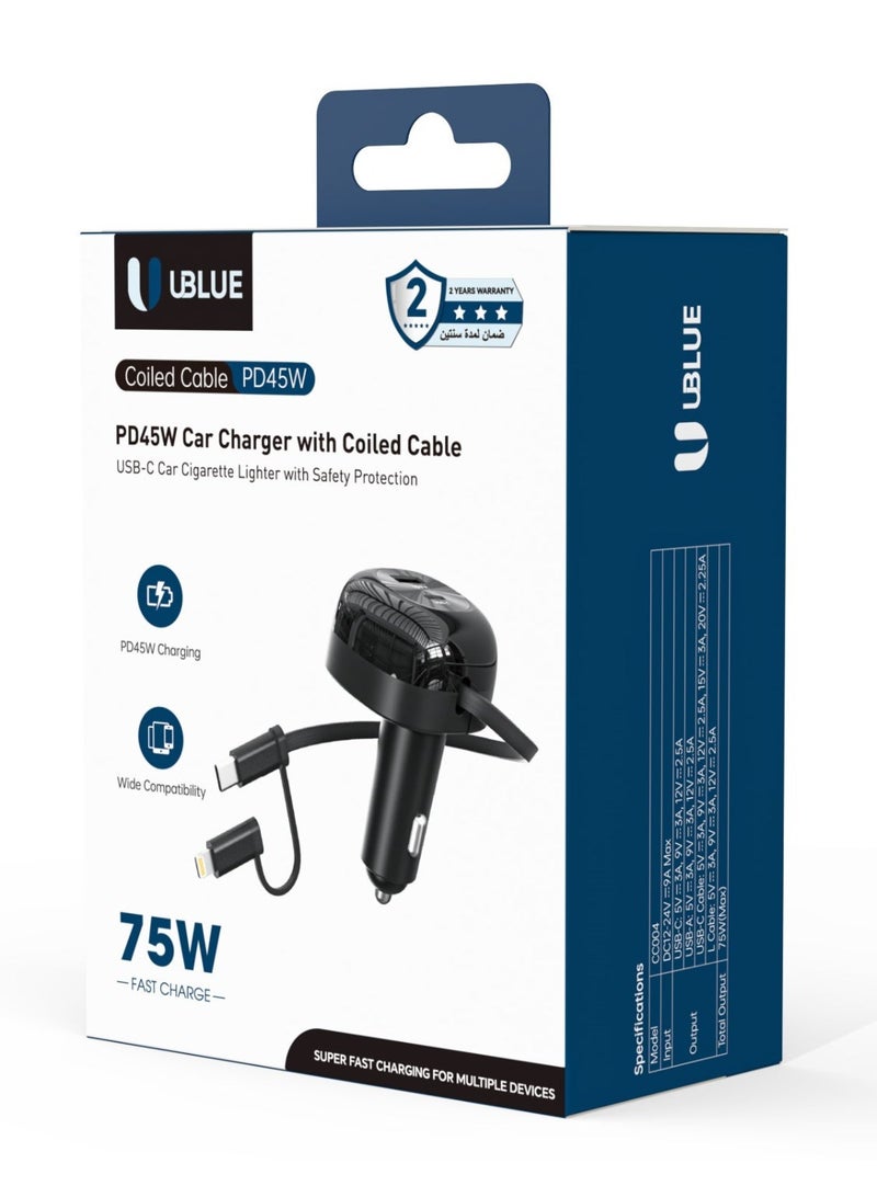 يوبلو شاحن سيارة UBLUE USB-C مزود بكابلات USB-C و Lightning مدمجة، بقوة قصوى 75 واط، منفذان (USB-C + USB-A)، يعمل بجهد 12-24 فولت تيار مستمر، أسود - Image 3