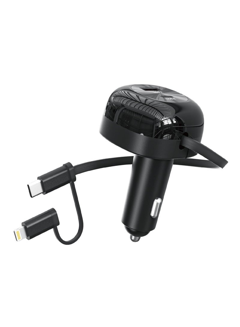 يوبلو شاحن سيارة UBLUE USB-C مزود بكابلات USB-C و Lightning مدمجة، بقوة قصوى 75 واط، منفذان (USB-C + USB-A)، يعمل بجهد 12-24 فولت تيار مستمر، أسود - Image 2
