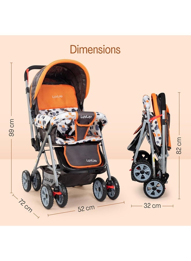Luvlap Sunshine Baby Stroller/Pram for 0 to 3 Years, New Born/Toddler/Kid, 5 Point Safety Harness, Adjustable backrest, 360° Swivel Wheel, Large Storage Basket, Reversible Handlebar (Orange) - Image 3