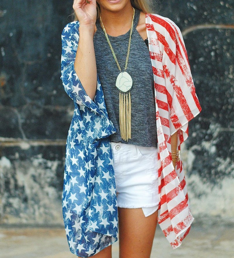 Askwind 4th of July Women's American Flag Print Kimono Cover Up Tops Shirt (A1) - Image 2