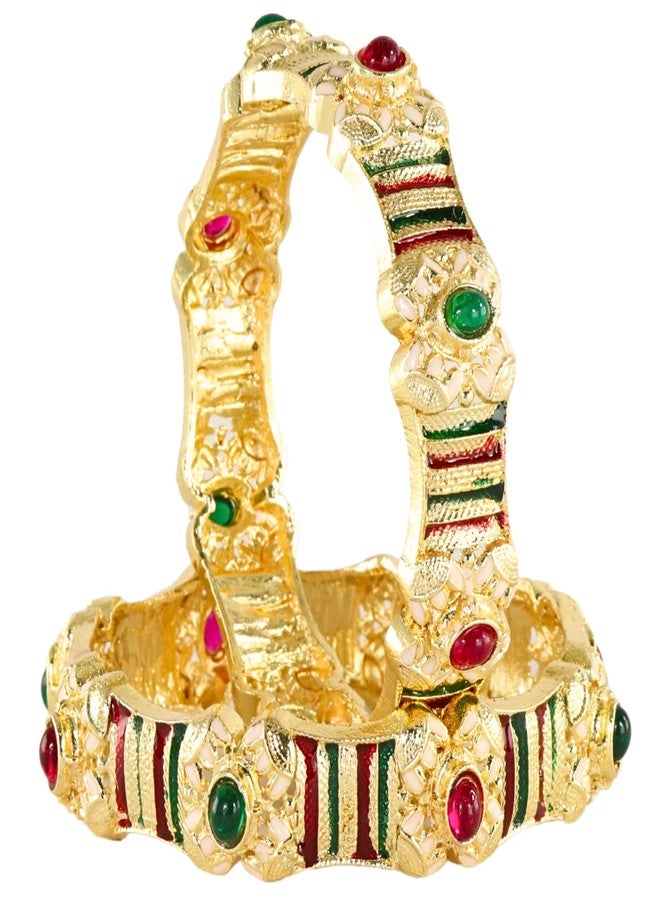 NMII Traditional Gold Plated Metal Bangles Kada Set For Women & Girls With Multi Zircon Stone | Women's Bangles | Premium Kada Set For Wedding, Occasions Fashion Jewelry - (MAH134-GoldMulti-2.6) - Image 1