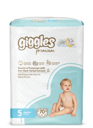 Giggles Premium Junior Baby Diapers Size 5 (11-25kg), 70 Count, Ultra Absorbent Anti-Rash Herbal Diapers with Shea Butter & Chamomile Oil, Soft Breathable Disposable Diapers for Boys & Girls
