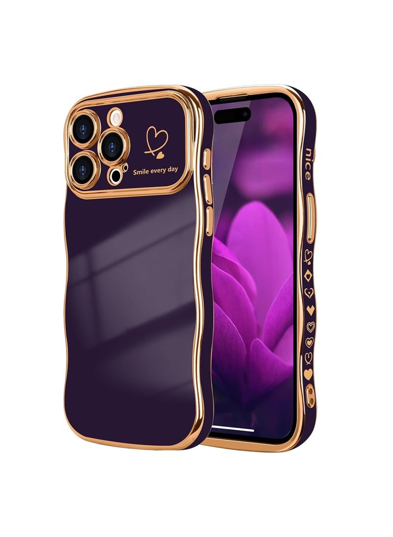 WRISTWISE Case Cover for iPhone 14 Pro, Cute Wave Frame Curly Shape with Love Heart Pattern Raised Camera Protection Cover Luxury Plating Shockproof Phone Case for iPhone 14 Pro, Purple - Image 1