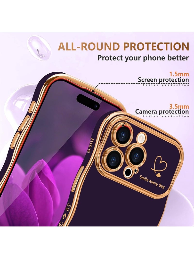 WRISTWISE Case Cover for iPhone 14 Pro, Cute Wave Frame Curly Shape with Love Heart Pattern Raised Camera Protection Cover Luxury Plating Shockproof Phone Case for iPhone 14 Pro, Purple - Image 4