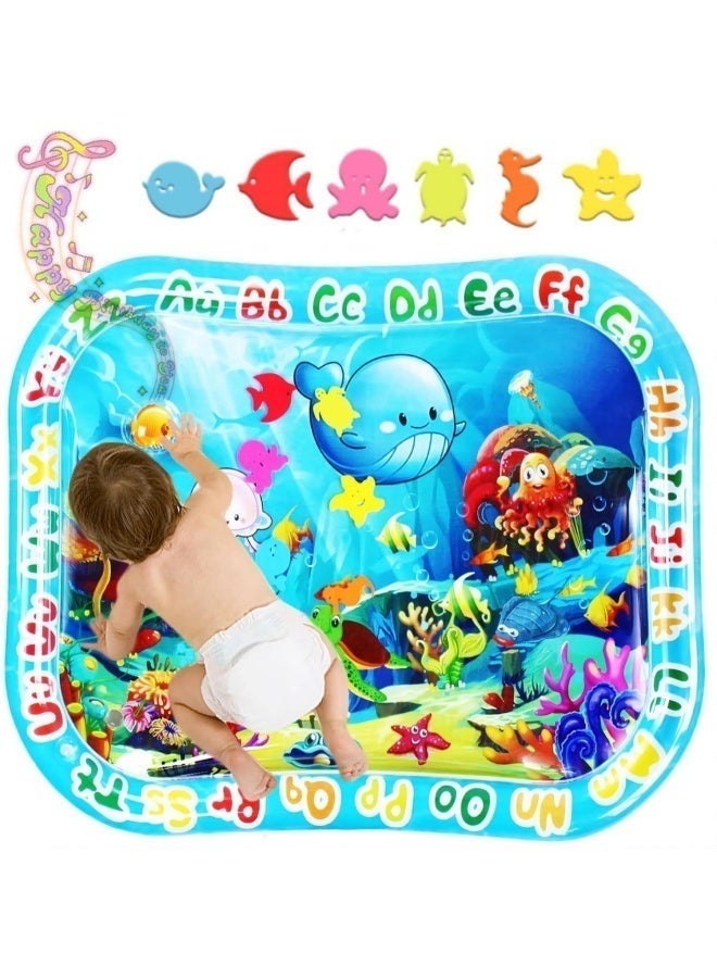 Leak - Proof Inflatable Baby Tummy Time Water Play Mat with 6 Soft Floating Toys, BB Whistle & 26 Alphabet - Rimmed Ocean Graphics for Infant Sensory Development + Early Learning (0 - 24 Months) - Image 1