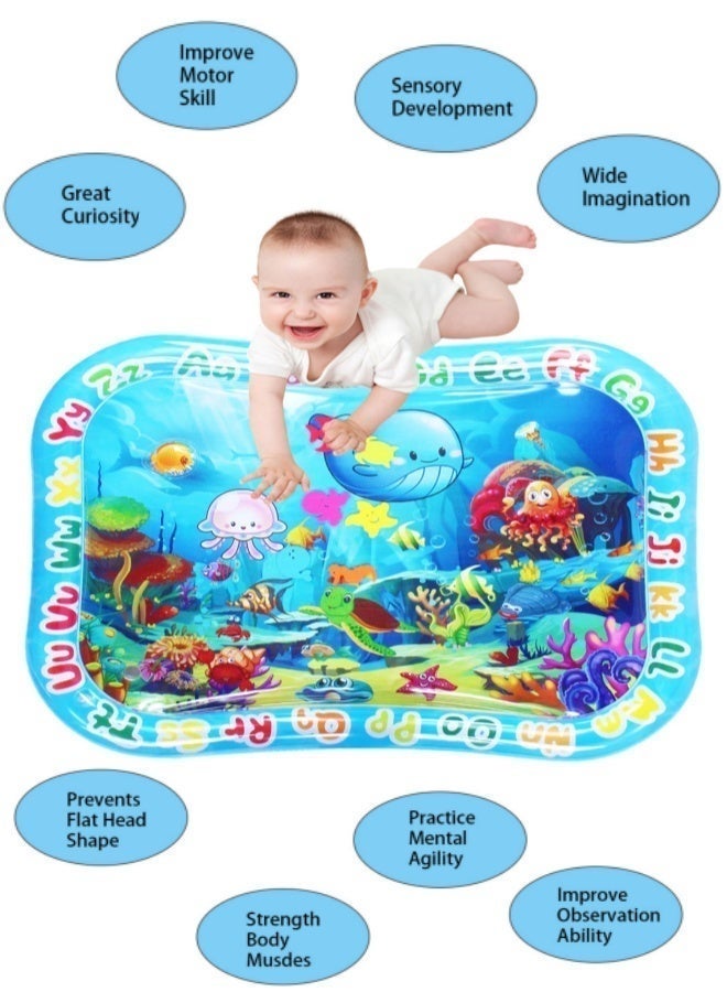 Leak - Proof Inflatable Baby Tummy Time Water Play Mat with 6 Soft Floating Toys, BB Whistle & 26 Alphabet - Rimmed Ocean Graphics for Infant Sensory Development + Early Learning (0 - 24 Months) - Image 2