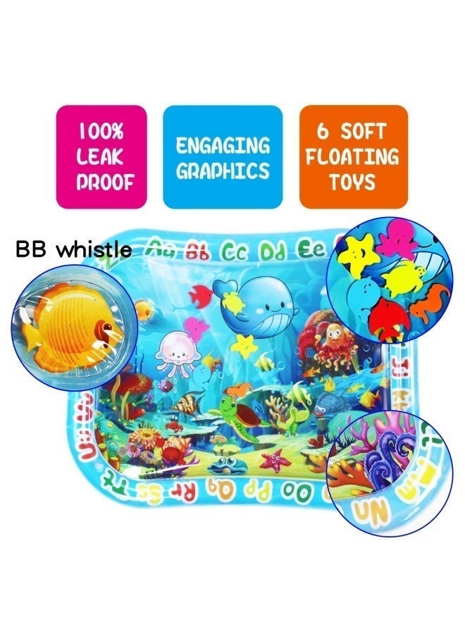 Leak - Proof Inflatable Baby Tummy Time Water Play Mat with 6 Soft Floating Toys, BB Whistle & 26 Alphabet - Rimmed Ocean Graphics for Infant Sensory Development + Early Learning (0 - 24 Months) - Image 3