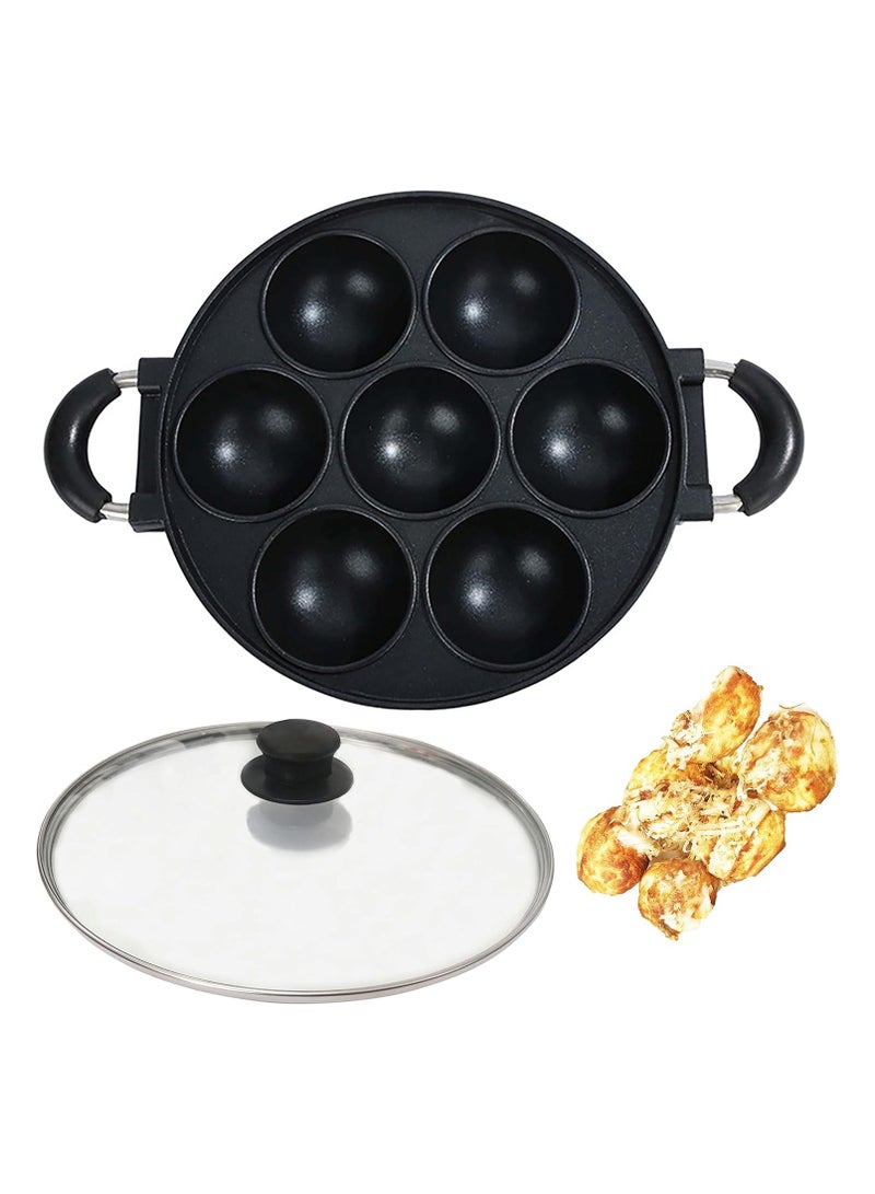 DubaiGallery Classic Style Cookware Fry Pan 7 Holes Round Metal Aluminum Cookware Nonstick Egg Cake Grill Pan with Clear Glass Lids - Image 1