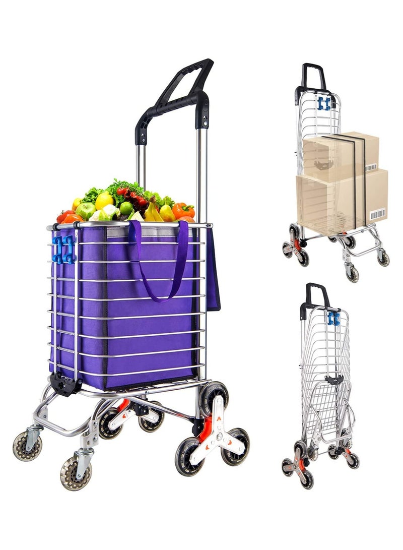 XICEN Grocery Cart On Wheels Foldable Shopping Cart Small Size,Foldable Grocery Shopping Cart Dolly,Stair Climber Utility Trolley Tote Bag Perfect for Mom (Purple)  - Image 1