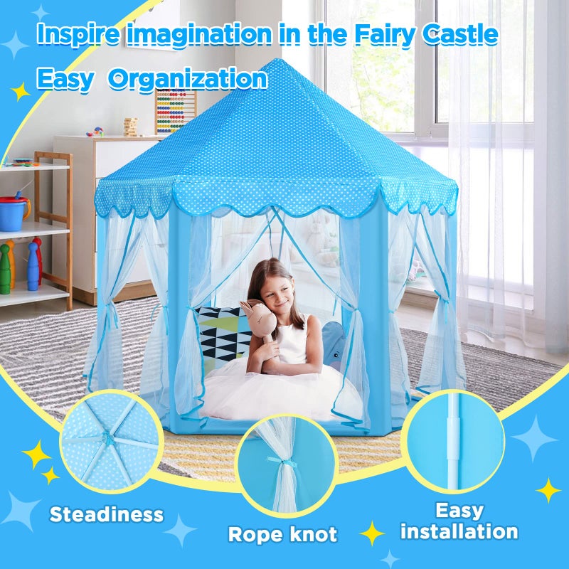 Monobeach Princess Tent Girls Large Playhouse Kids Castle Play Tent with Star Lights Toy for Children Indoor and Outdoor Games, 55'' x 53'' (DxH) (Blue Prinecss Tent with Little Star Lights) - Image 5