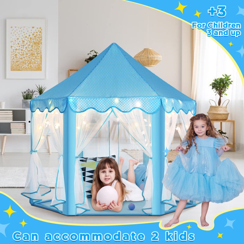 Monobeach Princess Tent Girls Large Playhouse Kids Castle Play Tent with Star Lights Toy for Children Indoor and Outdoor Games, 55'' x 53'' (DxH) (Blue Prinecss Tent with Little Star Lights) - Image 3