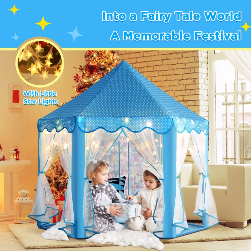 Monobeach Princess Tent Girls Large Playhouse Kids Castle Play Tent with Star Lights Toy for Children Indoor and Outdoor Games, 55'' x 53'' (DxH) (Blue Prinecss Tent with Little Star Lights) - Image 2