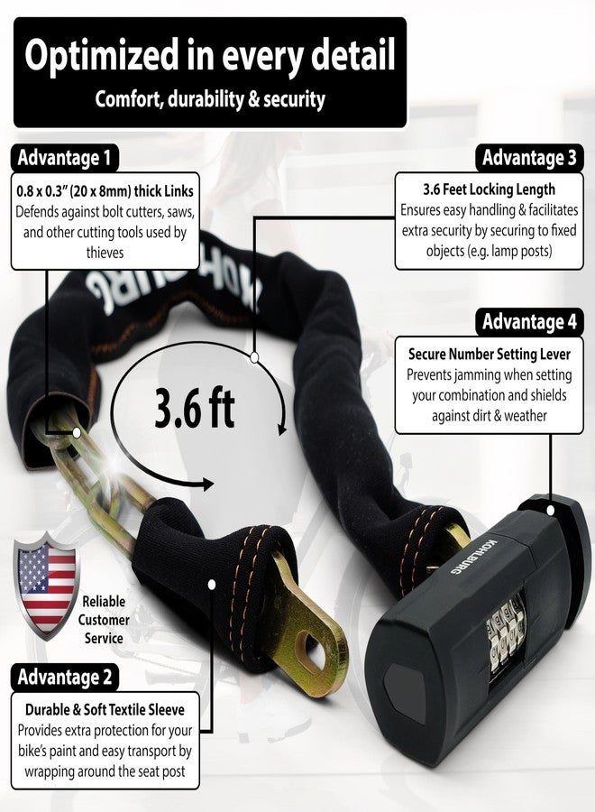 KOHLBURG Security Chain Lock with Number Combination - Secure Bicycle Lock 120 cm Long and 8 mm Thick - for Bicycle & Ebike with Number Code - Highest Security - Lock with Number Code - Image 4