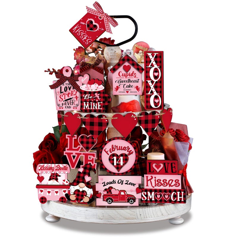 Ferraycle 20 Pcs Valentines Tiered Tray Decorations Set Farmhouse Plaid Gnome Heart Wooden Table Sign Tabletop Rustic Tiered Tray Decorations for Valentine Kitchen Home Decor