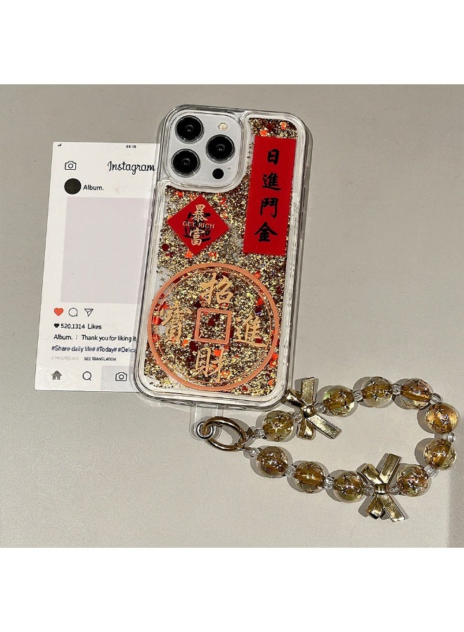NIBEMINENT New Year Wealth Attraction Flow Protective TPU Case Cover For iPhone 14 Plus, Gold Foil Flowing Sand - Bringing Wealth and Treasure With Golden Bow Tie Bracelet - Image 3