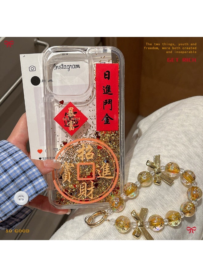 NIBEMINENT New Year Wealth Attraction Flow Protective TPU Case Cover For iPhone 14 Plus, Gold Foil Flowing Sand - Bringing Wealth and Treasure With Golden Bow Tie Bracelet - Image 1