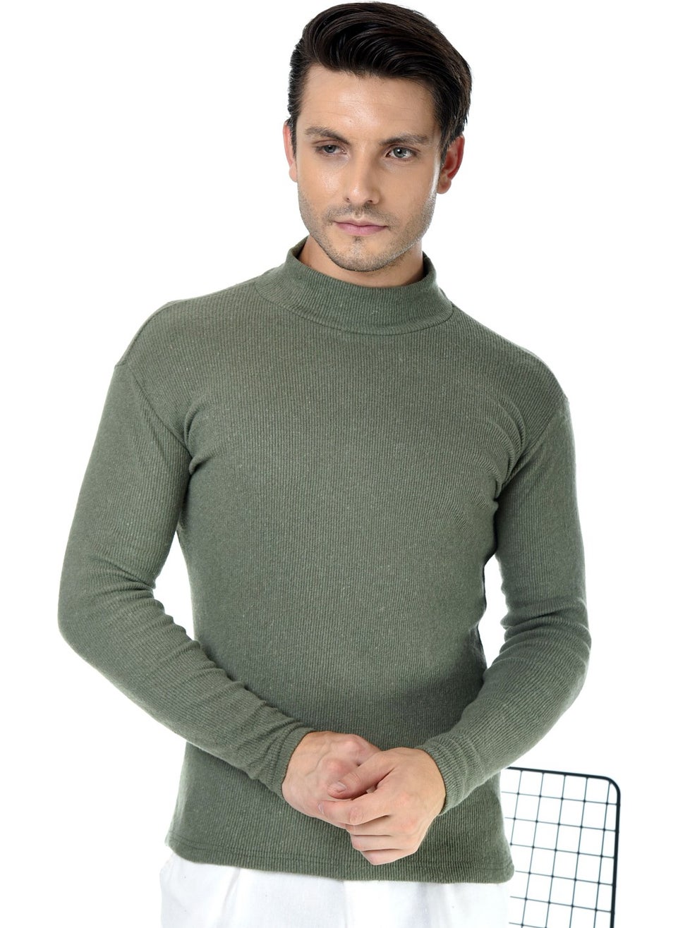 Belifanti Collection Men's Khaki Green Half Turtleneck Slim Fit Sweater  - Image 1