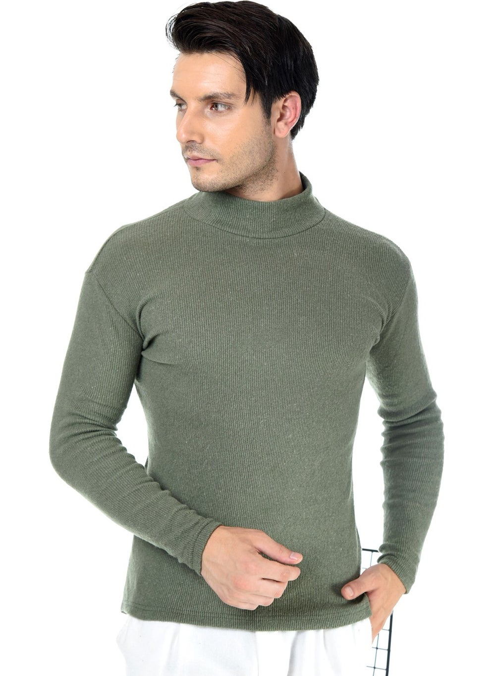 Belifanti Collection Men's Khaki Green Half Turtleneck Slim Fit Sweater  - Image 2