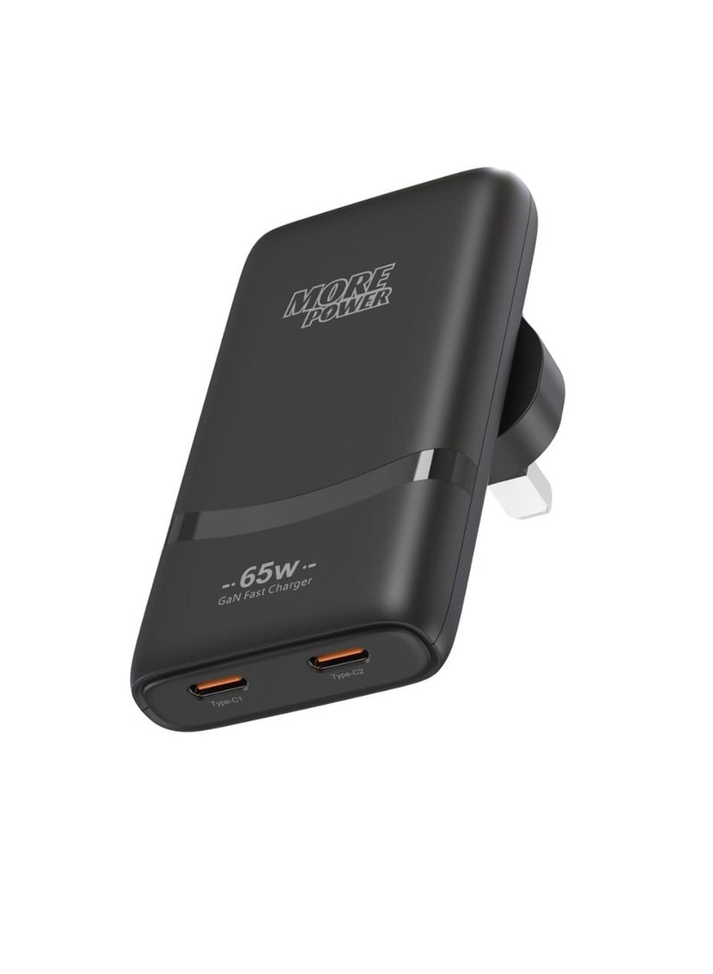 شاحن مور باور منزلي نحيف 65 واط بتقنية GAN - بمنفذين USB-C PD 3.0 لشحن سريع وآمن متوافق مع أجهزة iOS وAndroid واللابتوبات والأجهزة اللوحية
