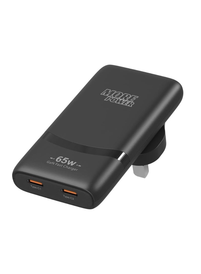 شاحن مور باور منزلي نحيف 65 واط بتقنية GAN - بمنفذين USB-C PD 3.0 لشحن سريع وآمن متوافق مع أجهزة iOS وAndroid واللابتوبات والأجهزة اللوحية