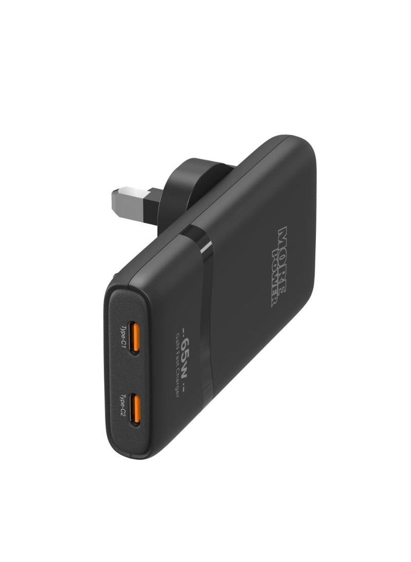 شاحن مور باور منزلي نحيف 65 واط بتقنية GAN - بمنفذين USB-C PD 3.0 لشحن سريع وآمن متوافق مع أجهزة iOS وAndroid واللابتوبات والأجهزة اللوحية
