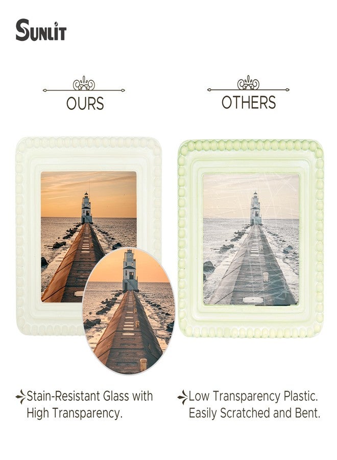 Sunlit إطار صور عتيق مضاء بأشعة الشمس، مقاس 4x4 بوصة، بحافة مزخرفة بالخرز، إطارات صور فاخرة عتيقة بواجهة زجاجية، عرض صور بوهيمي، تعليقة جدارية أو على الطاولة، فكرة هدية، أبيض عتيق - Image 3