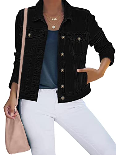 Luvamia Women's Classic Casual Long Sleeves Jacket - Basic Button Down Trucker Jacket Coat - Always Black - Size Large / 12-14 - Image 1