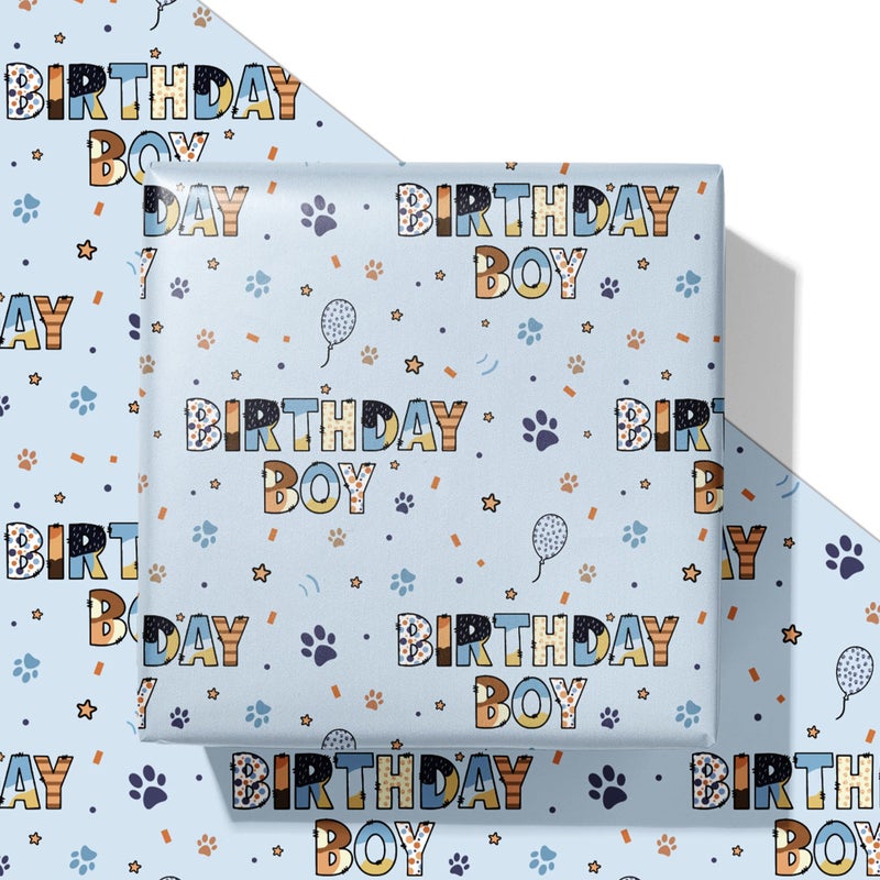 SaringSwoon Birthday Boy Wrapping Paper for Boys Kids- Light Blue Gift Wrap With Paw Prints, Stars & Balloons, BIRTHDAY BOY for Boy's Birthday, Baby Shower - 28x40 Inches, 4 Folded Sheets - Image 1