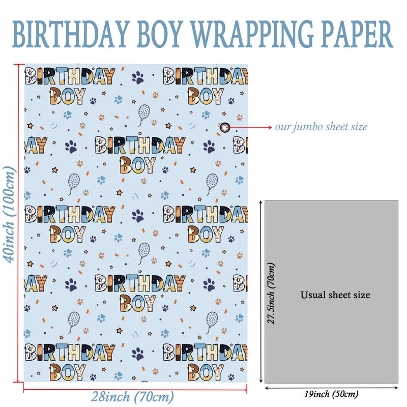 SaringSwoon Birthday Boy Wrapping Paper for Boys Kids- Light Blue Gift Wrap With Paw Prints, Stars & Balloons, BIRTHDAY BOY for Boy's Birthday, Baby Shower - 28x40 Inches, 4 Folded Sheets - Image 5