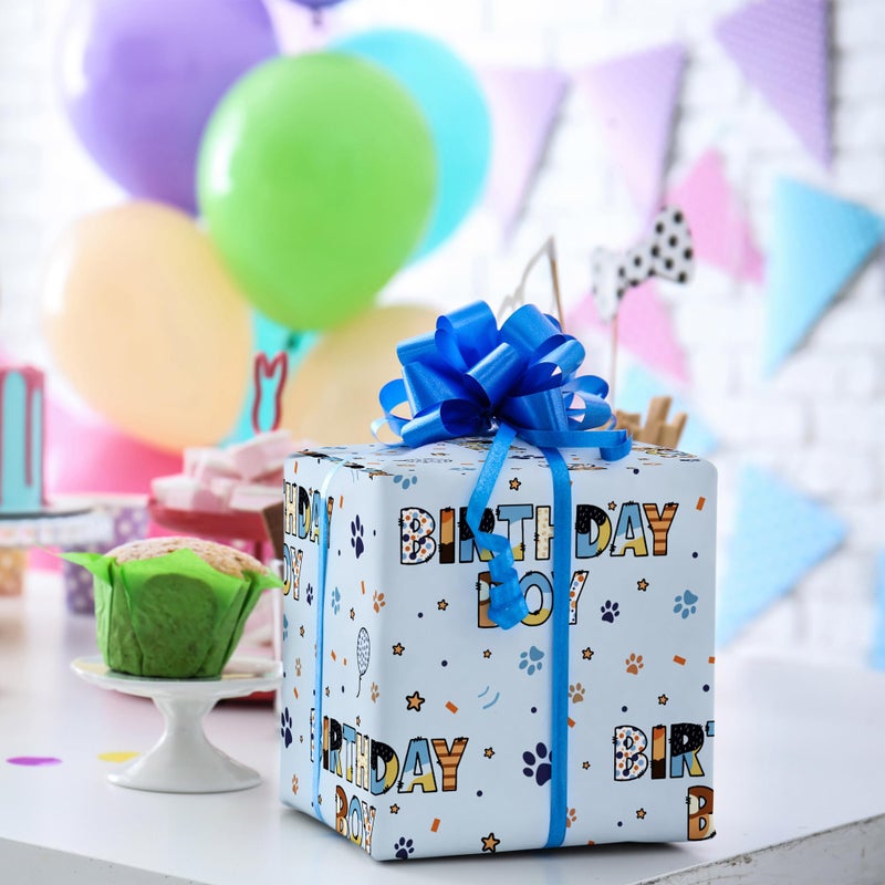 SaringSwoon Birthday Boy Wrapping Paper for Boys Kids- Light Blue Gift Wrap With Paw Prints, Stars & Balloons, BIRTHDAY BOY for Boy's Birthday, Baby Shower - 28x40 Inches, 4 Folded Sheets - Image 4