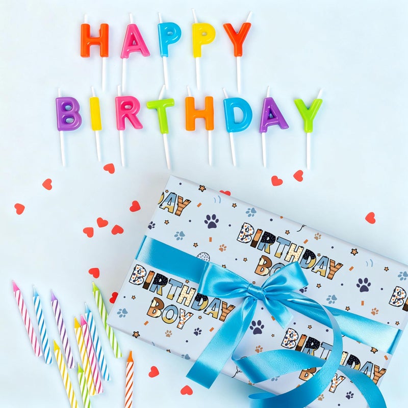 SaringSwoon Birthday Boy Wrapping Paper for Boys Kids- Light Blue Gift Wrap With Paw Prints, Stars & Balloons, BIRTHDAY BOY for Boy's Birthday, Baby Shower - 28x40 Inches, 4 Folded Sheets - Image 3