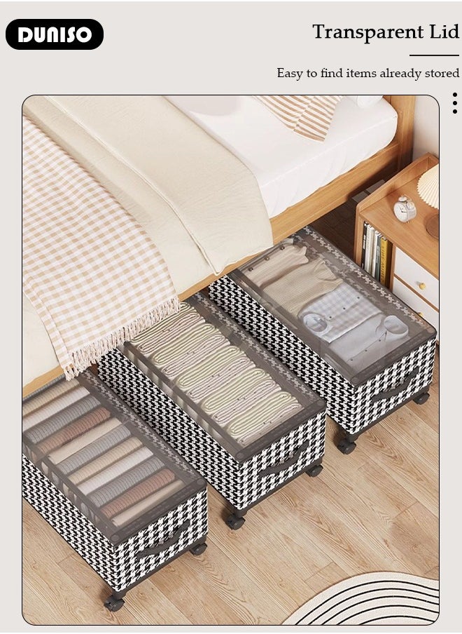 Non-Woven Fabric Storage Box with Transparent Lid, Strong Handle and 4 Wheels, Stylish Black and White Two-Tone Pattern and Metal Frame,Large Capacity Storage Organizer For Clothes Toys
