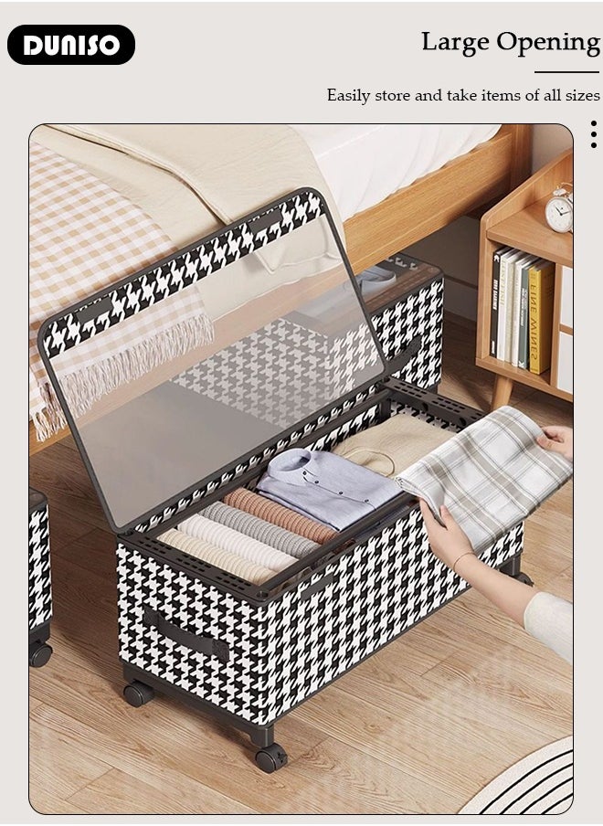 Non-Woven Fabric Storage Box with Transparent Lid, Strong Handle and 4 Wheels, Stylish Black and White Two-Tone Pattern and Metal Frame,Large Capacity Storage Organizer For Clothes Toys