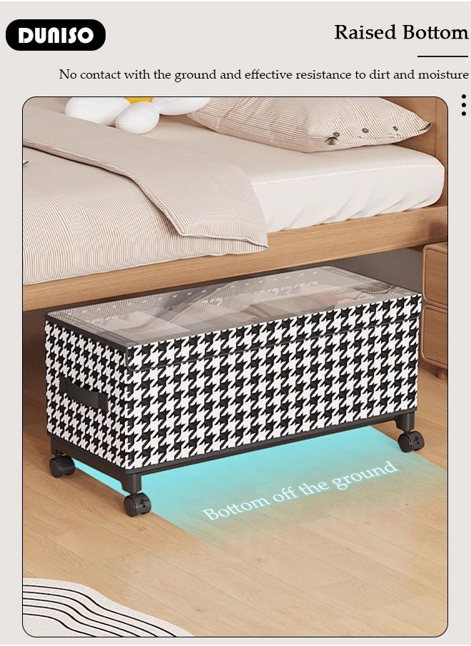 Non-Woven Fabric Storage Box with Transparent Lid, Strong Handle and 4 Wheels, Stylish Black and White Two-Tone Pattern and Metal Frame,Large Capacity Storage Organizer For Clothes Toys