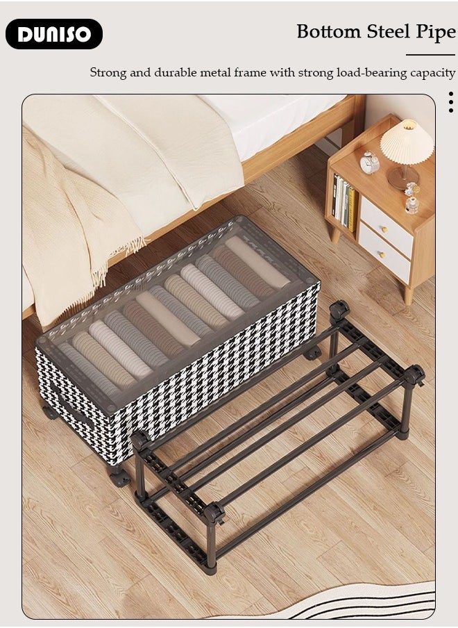 Non-Woven Fabric Storage Box with Transparent Lid, Strong Handle and 4 Wheels, Stylish Black and White Two-Tone Pattern and Metal Frame,Large Capacity Storage Organizer For Clothes Toys