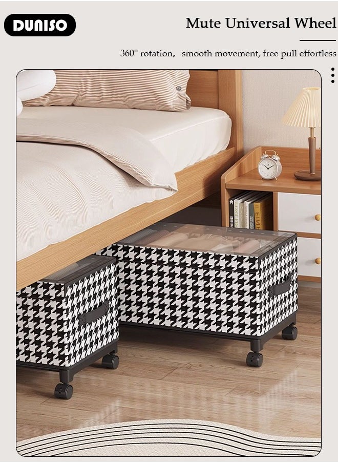 Non-Woven Fabric Storage Box with Transparent Lid, Strong Handle and 4 Wheels, Stylish Black and White Two-Tone Pattern and Metal Frame,Large Capacity Storage Organizer For Clothes Toys