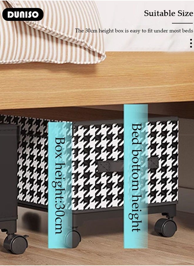 Non-Woven Fabric Storage Box with Transparent Lid, Strong Handle and 4 Wheels, Stylish Black and White Two-Tone Pattern and Metal Frame,Large Capacity Storage Organizer For Clothes Toys