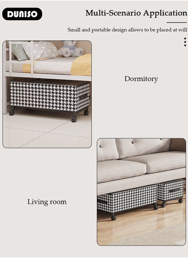 Non-Woven Fabric Storage Box with Transparent Lid, Strong Handle and 4 Wheels, Stylish Black and White Two-Tone Pattern and Metal Frame,Large Capacity Storage Organizer For Clothes Toys