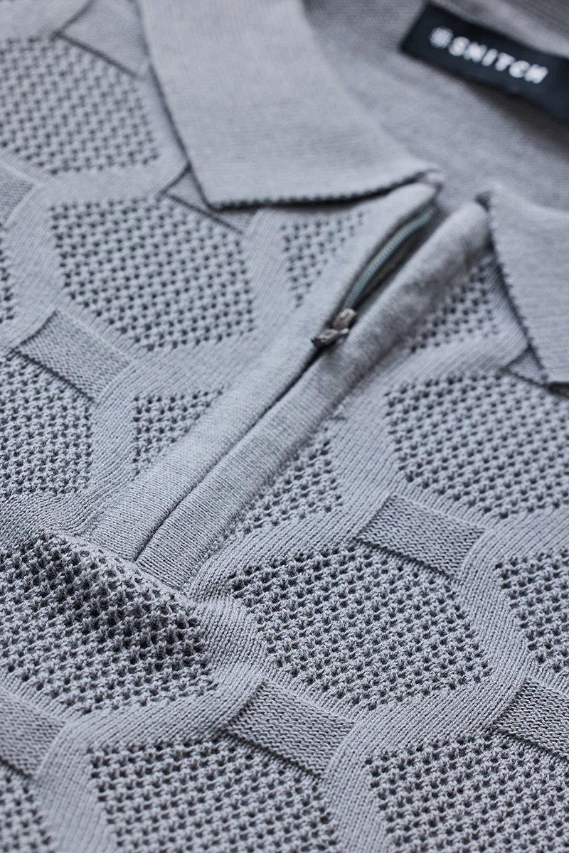 SNITCH Slim Fit Cotton Knitted Grey Polo T-Shirt