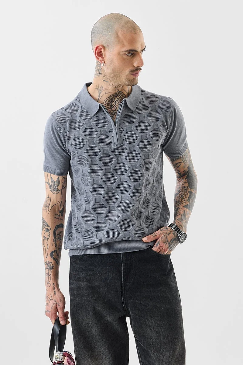 سنيتش تيشيرت بولو قطني محبوك رمادي بقصة ضيقة