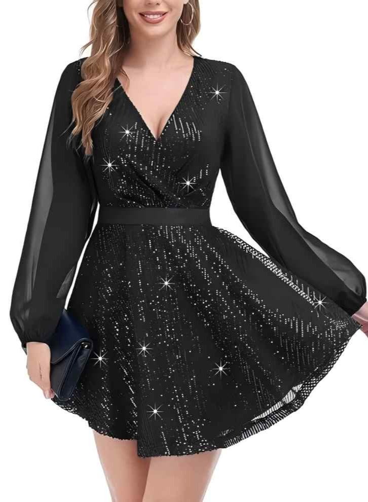 GEXUAN Women's V - neck Chiffon Long - sleeve Sequin Dress - Image 1