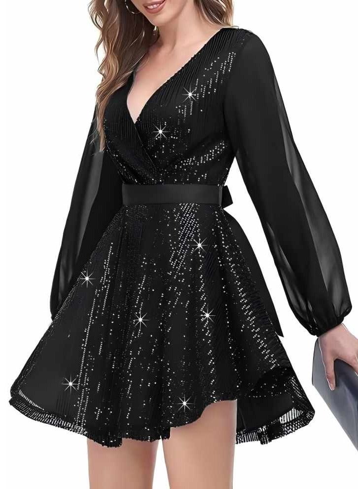 GEXUAN Women's V - neck Chiffon Long - sleeve Sequin Dress - Image 3