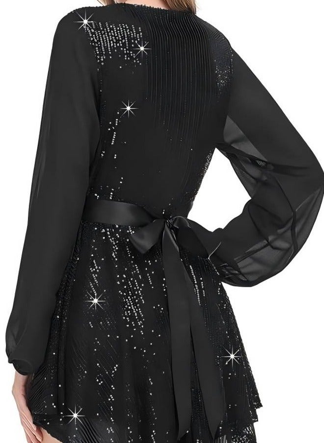 GEXUAN Women's V - neck Chiffon Long - sleeve Sequin Dress - Image 4
